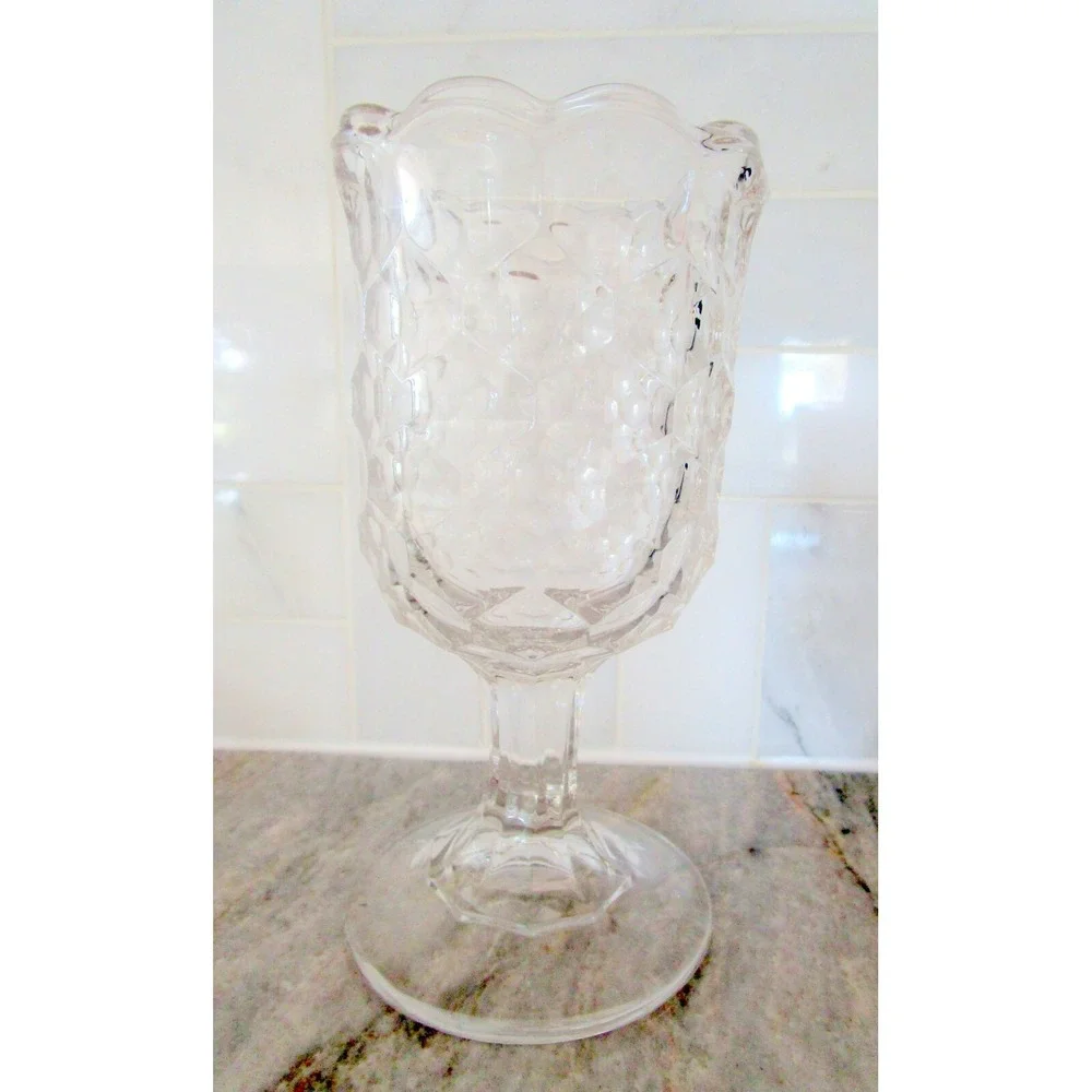 Vintage Celery Glass Spooner Vase Pedestal Base Hexagon Design Heavy 7.25